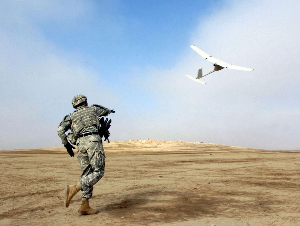 RQ-11 Raven small UAS hand-launched on a reconnaissance mission